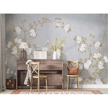 Ağaç Dalları ve Beyaz Çiçekler Vintage Duvar Kağıdı