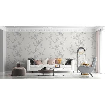 Beyaz zemin üzerinde Gri ağaç dalları ve kuşlar Duvar Kağıdı