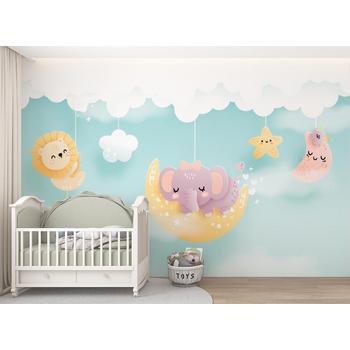 Çocuk Odası Duvar Kağıdı Bulut Üzerinde Sevimli Hayvanlar