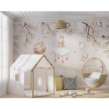 Çocuk Odası Duvar Kağıdı Gökyüzünde Sevimli Tavşanlar