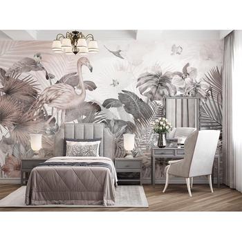 Gri Pembe Tropikal Yapraklar ve Flamingo Özel Tasarım Duvar Kağıdı