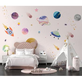 Pembe Zemin Üzerinde Gezegenler Çocuk Odası Duvar Kağıdı