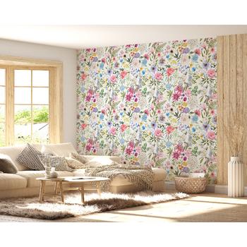 Renkli Çiçekler ve Yapraklar Duvar Kağıdı Suluboya Tarz