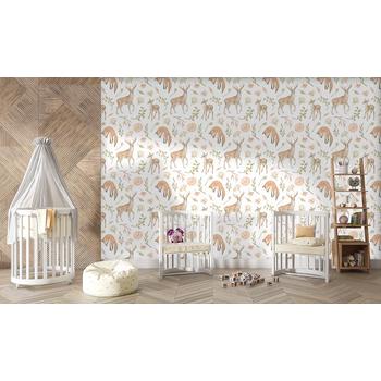 Sevimli Geyikler ve Yapraklar Çocuk Odası Duvar Kağıdı