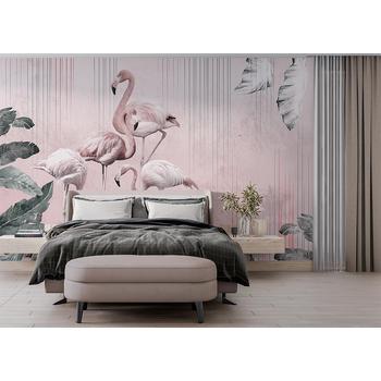 Tropikal Yapraklar Arasında Flamingolar Tasarım Duvar Kağıdı