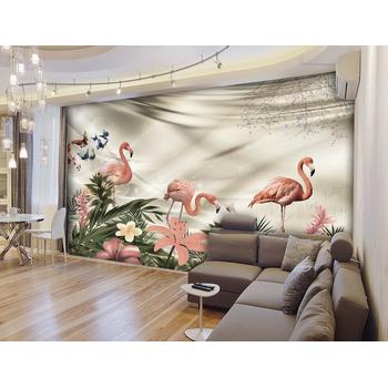 Tropikal Yapraklar ve Pembe Flamingolar Özel Tasarım Duvar Kağıdı