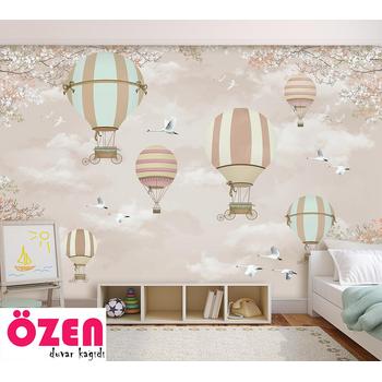 Uçan Balonlar - Çiçekler ve Kuşlar Çocuk Odası Duvar Kağıdı