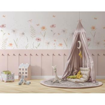 Alt Kısmı 3 Boyutlu Ahşap , Üst kısım Renkli Çiçekler Çocuk Odası Duvar Kağıdı