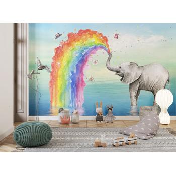 Gökkuşağı Renklerinde Boya Püskürten Fil Çocuk odası duvar kağıdı