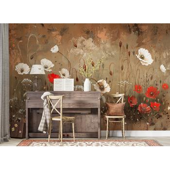 Kahverengi zemin üzerinde Beyaz Kırmızı Çiçekler Vintage Duvar Kağıdı