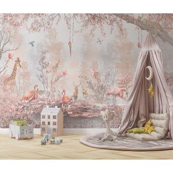 Kız Çocuk odası duvar kağıdı , Pembe Tonlarda safari hayvanları