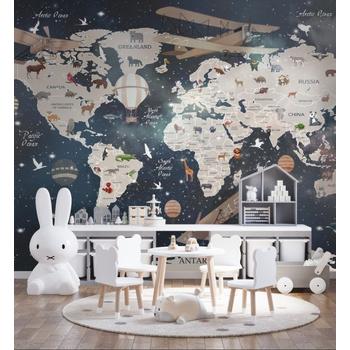 Koyu Renklerde Eğitici Çocuk Odası Dünya Haritası Duvar Kağıdı