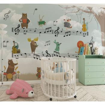 Müzik Notaları Üzerinde Sevimli Hayvanlar , Çocuk Odası Duvar Kağıdı