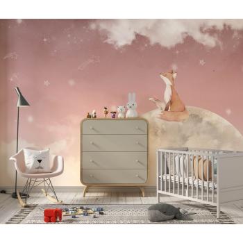 Pembe Gökyüzü ve Ay üzerinde Sevimli Tilki Çocuk Odası Duvar Kağıdı
