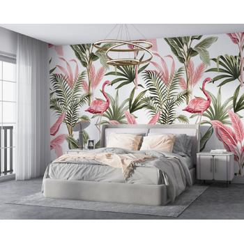 Pembe Yeşil Tonlarda Tropikal Yapraklar ve Flamingolar Duvar Kağıdı
