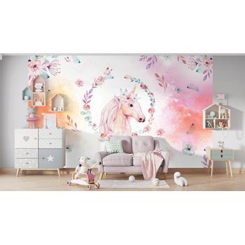 Renkli Çiçekler Arasında Unicorn ,  Boynuzlu At Duvar Kağıdı
