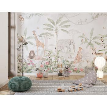 Renkli Çiçekler ve yapraklar arasında Safari hayvanları duvar kağıdı