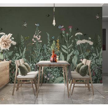 Renkli Çiçekler Yapraklar ve Kuşlar Duvar Kağıdı