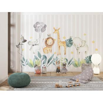 Sevimli Safari Hayvanları ve Tropik Yapraklar Çocuk odası duvar kağıdı