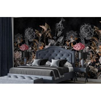 Siyah Zemin Eskitme Tarz Renkli Çiçekler ve Dallar