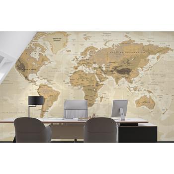Siyasi Dünya Haritası Duvar Kağıdı Krem Bej Kahve Tonlarında