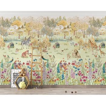 Suluboya tarzı Renkli Çiçekler içerisinde Safari Hayvanları Çocuk odası Son Moda Duvar Kağıdı
