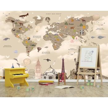 Çocuk Odası Meşhur Simgeler Dünya Haritası Duvar Kağıdı