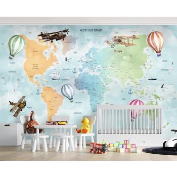 Dünya Haritası Renkli Türkçe Yazılar Çocuk Odası Duvar Kağıdı