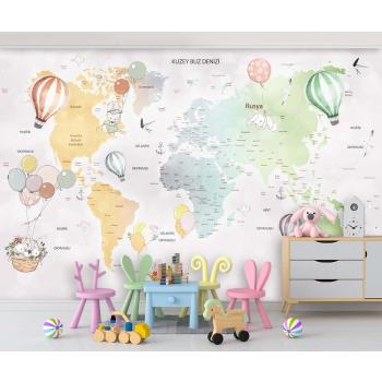 Dünya Haritası Renkli Türkçe Yazılar ve Tavşanlar Çocuk Odası Duvar Kağıdı