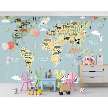 Dünya Haritası Üzerinde Sevimli Tavşanlar Çocuk Odası Duvar Kağıdı