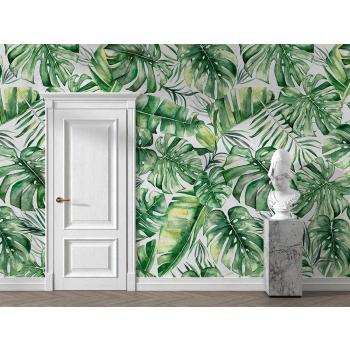 Gri Zemin Üzerinde Yeşil Tropik Yapraklar Duvar Kağıdı