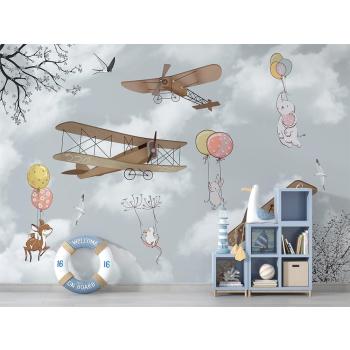 Kanatlı Uçaklar ve Sevimli Hayvanlar Çocuk Odası Duvar Kağıdı