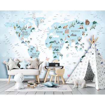 Mavi Dünya Haritası Çocuk Odası Duvar Kağıdı