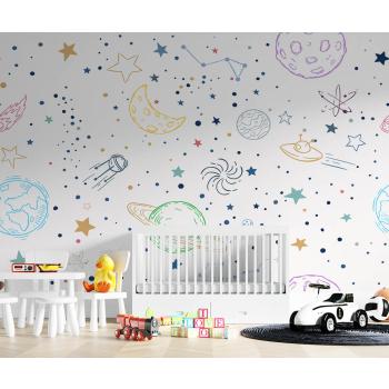 Renkli Gezegenler Uzay Temalı  Çocuk Odası Duvar Kağıdı