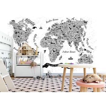 Siyah Beyaz Dünya Haritası Çocuk Odası Duvar Kağıdı