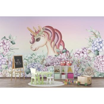 Unicorn Boynuzlu At Çiçekler Çocuk Odası Duvar Kağıdı