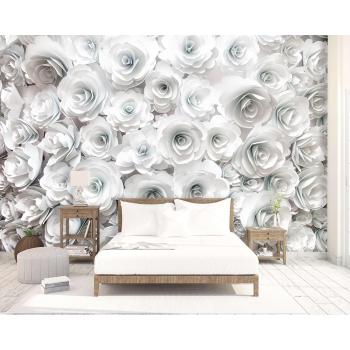 3 Boyutlu Beyaz Güller Yatak Odası Duvar Kağıdı