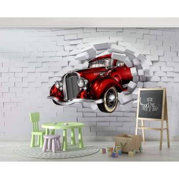 3D Boyutlu Duvardan Çıkan Kırmızı Araba Duvar Kağıdı
