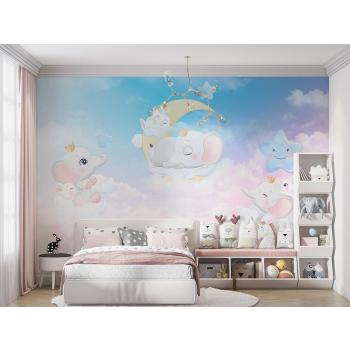 Bulutlar Üzerinde Mutlu Filler Çocuk Odası Duvar Kağıdı