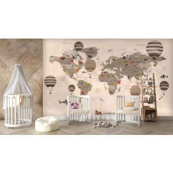 Çocuk Odaları için Dünya Haritası ve Balonlar Duvar Kağıdı