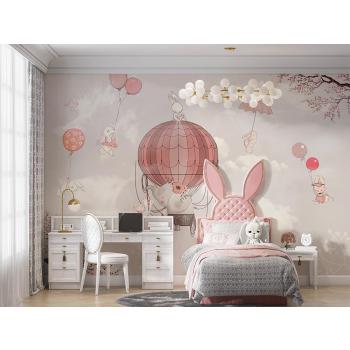 Çocuk Odası Duvar Kağıdı Uçan Balonlar ve Sevimli Tavşanlar