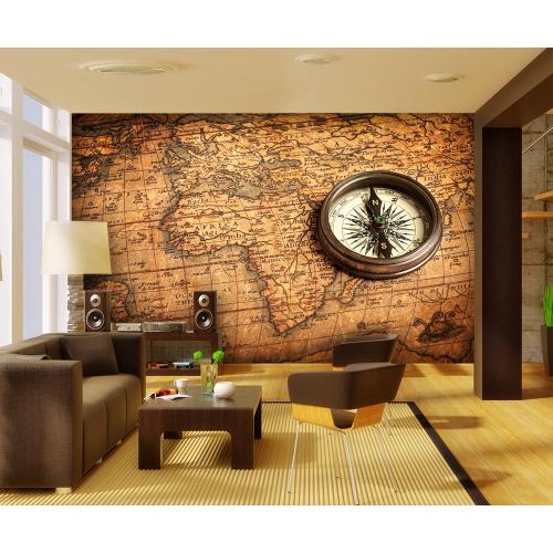 Eskitme Pusula Dünya Haritası Duvar Kağıdı  455 x 269 cm