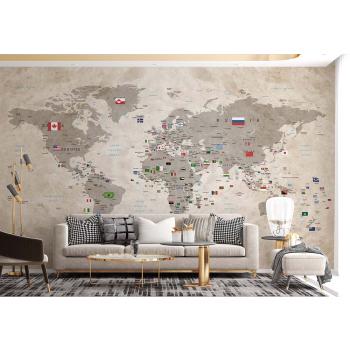 Krem Bej Tonlarında Dünya Haritası Ülke Bayrakları Duvar Kağıdı