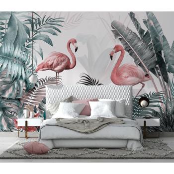 Pembe Flamingolar ve Tropikal Yapraklar Duvar Kağıdı