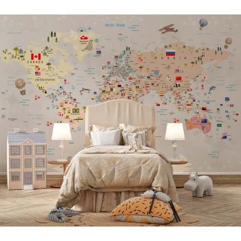 Renkli Kıtalar Ülke isimleri yazılı Çocuk Odası Dünya Haritası Duvar Kağıdı