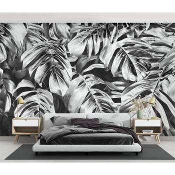 Siyah - Beyaz Büyük Tropikal Yapraklar Duvar Kağıdı