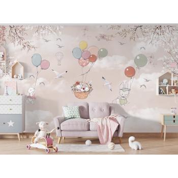 Uçan Balonlar ve Sevimli Tavşanlar Çocuk Odası Duvar Kağıdı 